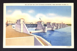 Rock Island, IL-Illinois, Roller Dam &amp; Locks Antique, Vtg Linen PC 4A-H684 - $8.00