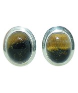 LARGE OVAL TIGER&#39;S EYE CLIP-ON EARRINGS REAL SOLID .925 STERLING SILVER ... - $349.21 CAD