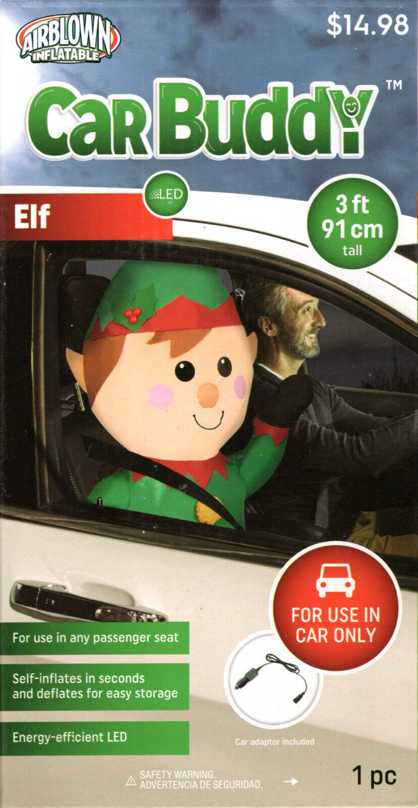 GEMMY 881262 AIRBLOWN ELF CAR BUDDY CHRISTMAS INFLATABLE 3&#39; - NEW! - $16.98