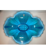 Fenton Aqua Blue Ruffled White Rim Fruit Bowl Daisy &amp; Button Sticker Lar... - $69.05 CAD