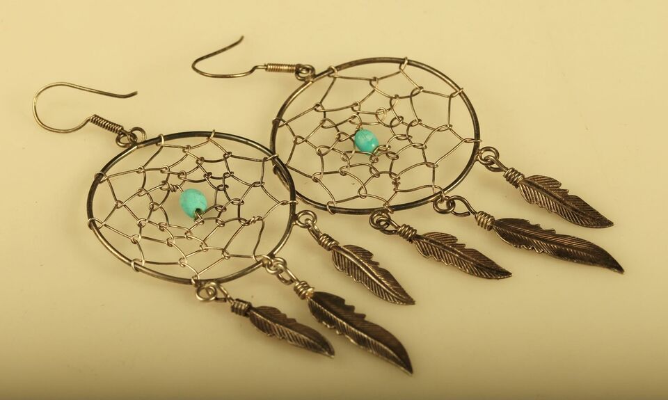 Primary image for Vintage Sterling Sleeping Beauty Turquoise Stone Dream Catcher Dangle Earrings