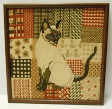 SIAMESE CAT Vintage 70&#39;s Needlepoint Embroidery ART Framed Retro Vibe 15X16&quot; - £102.18 GBP