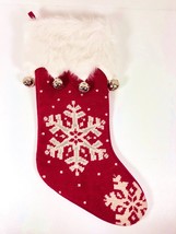 Vintage Needlepoint SNOWFLAKE Christmas Stocking Red Silver Jingle Bells Fur - £15.68 GBP
