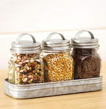 Farmhouse Country Glass Canister Set Galvanized Metal Lids w/ Tray Jars ... - £15.97 GBP