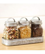 Farmhouse Country Glass Canister Set Galvanized Metal Lids w/ Tray Jars ... - £15.79 GBP