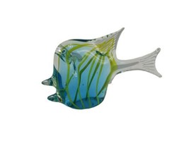 Art Glass Blue Fish Yellow Stripes Clear Fins Hand Blown Art Glass Paperweight - $18.81