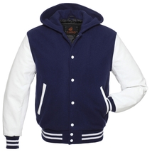  Varsity Letterman Baseball Hoodie Jacket Navy Blue Body White Leather Sleeves - £78.93 GBP