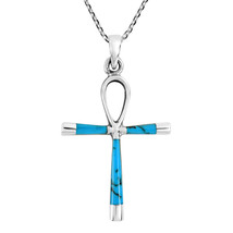 Ankh Hieroglyph Eternal Life Blue Turquoise Inlaid Sterling Silver Necklace - £19.61 GBP