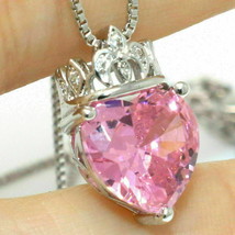 4Ct Heart Cut Pink Diamond Crown Pendant 14k White Gold Finish 18&#39;&#39; Free Chain - £91.14 GBP
