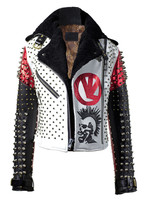 Dead Men&#39;s Hand Made White Black Red Studded Patches Leather Jacket With Fur New - £263.77 GBP