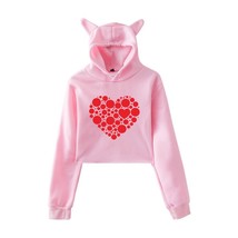 Women&#39;s Winter Cat Ears Heart-shaped Print Loose Hooded Sweatshirt Short Blouse  - £60.24 GBP