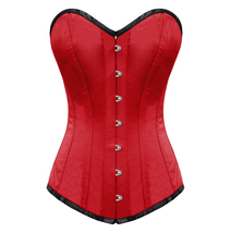 Long torso overbust bustier boned steel corset back lace red satin - £34.72 GBP