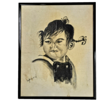 Vintage Black Framed Child Painting Ink Drawing Gallery Art 8x10in Girl ... - £158.97 GBP