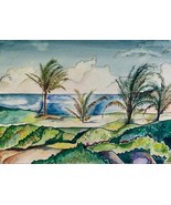 Art print of coconut palms by the ocean on Hawaii island. Coastal beach ... - $12.00+