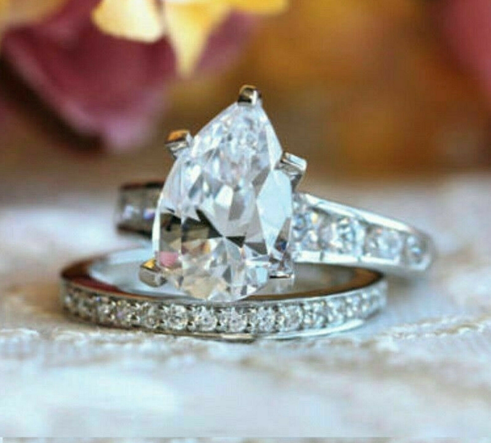 3.00Ct Pear Cut Diamond Solid 925 Sterling Silver Anniversary Ring with Bands
