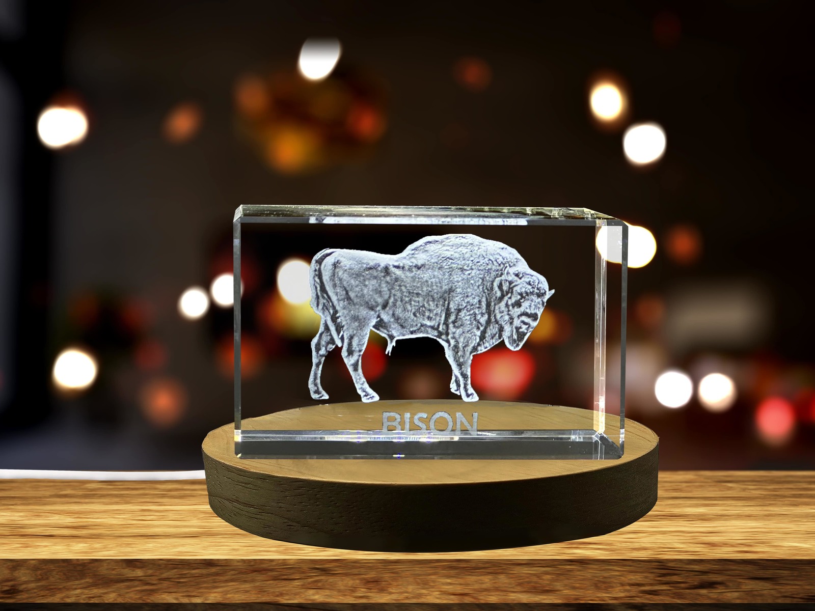 LED Base included | Unique 3D Engraved Crystal with Bison Design - Perfect Gift