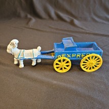 Vintage Blue White Yellow Cast Iron &quot;Express&quot; Goat Ram Bovine Pulling Wagon Toy - £23.34 GBP