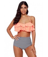 Retro High Waist Bikini Swimsuit 2XL 18/20 Coral Stripes 2 Tone Ruffle Halter - $22.76