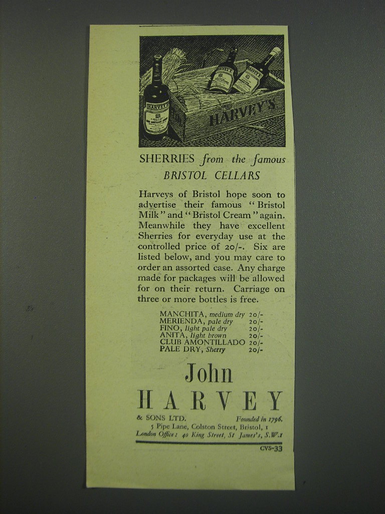 1949 Harvey's Sherry Ad - Sherrie's from the famous Bristol cellars - $18.49
