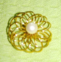 Spiral Gold Tone Brooch/Pin with Single Cultured Pearl -Mid Century-Unsi... - $8.00