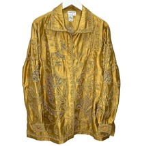Coldwater Creek Womens Silk Button Up Shirt Shacket Gold Embroidered Siz... - $39.55