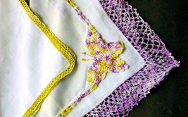 Lot of Three  (3) Linen Handkerchiefs Crochet Butterfly Lace Yellow Lavender Cot - £7.13 GBP