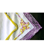 Lot of Three  (3) Linen Handkerchiefs Crochet Butterfly Lace Yellow Lave... - £7.05 GBP
