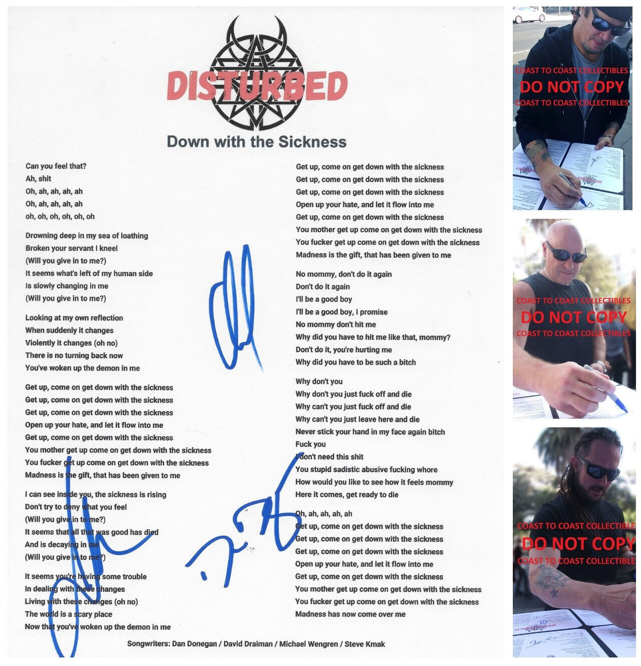Disturbed Band Signed Down with the Sickness Lyrics Sheet COA Proof Auto... - £187.83 GBP