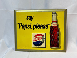 1960's Pepsi-Cola Say Pepsi , Please Yellow Metal Soda Ad Sign Cardboard Back - $158.35