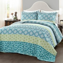 Full/Queen Cotton 3 Piece Reversible Blue White Green Floral Damask Quilt Set - $183.49