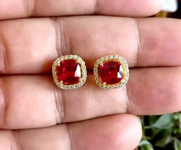 2Ct Cushion Cut Simulated Red Ruby Halo Stud Earrings 14K Yellow Gold Plated - £32.35 GBP