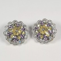 Joan Rivers Silver Tone Clip On Earring Citrine Amethyst Crystal Jeweled Flower - £37.43 GBP