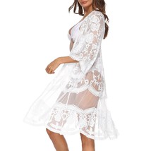 Womens Sexy V Neck White Lace Crochet Kimono Embroidery Sheer Longline Cover Up  - £38.36 GBP