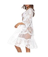 Womens Sexy V Neck White Lace Crochet Kimono Embroidery Sheer Longline C... - $46.99