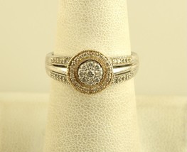 Vintage Sterling Silver 925 14K Bezel Set Halo Diamond Accent Engagement Ring - £138.91 GBP