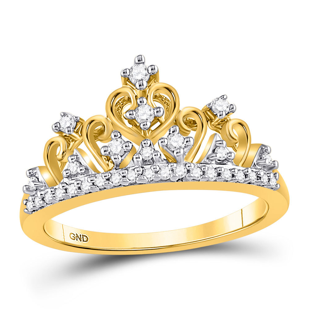 10k Yellow Gold Womens Round Diamond Band Tiara Crown Ring 1/5 Cttw