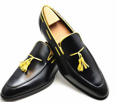 Men Yellow Tassels Black Loafer Slip On Rounded Toe Real Leather Shoes US 7-16