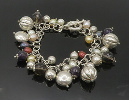 925 Silver - Vintage Shiny Pearls Hematite &amp; Topaz Chain Bracelet - BT6905 - £150.70 GBP