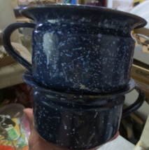 2 Blue Enamelware Speckled Spatterware Cooking Pan Cups Soup Bowls 1 Han... - $18.49