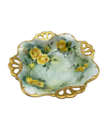 Antique Porcelain Ruffled Footed Bowl Gold Edging Yellow Flowers Floral 11&quot; - £59.87 GBP
