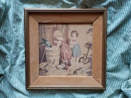 Vtg LAUNDRY Art Kittens Kids Girls Framed Fabric Tapestry Antique Needle... - £64.52 GBP