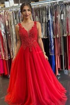 2022 V Neck Open Back Red Lace Long Prom Dresses,Lace Formal Dress,Gorgeous Even - £148.98 GBP