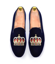 New Hand Crafted Blue Velvet Slippers Crown Embroidery Slippers Wedding Loafer  - £113.88 GBP