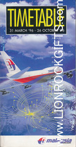 MALAYSIA AIRLINES | March 31, 1996 | Timetable - £3.93 GBP