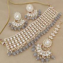 Gold Plated Indian Bollywood Style Kundan Chick Necklace Gray Jewelry Set - £37.35 GBP