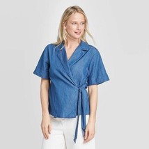 Women&#39;s Short Sleeve Tie-Front Blouse - Who What Wear Indigo Wash S - £12.90 GBP