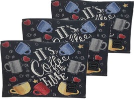 Set of 3 Same Tapestry Placemats, 13&quot;x19&quot;, MULTICOLOR CUPS, IT&#39;S COFFEE ... - £13.15 GBP