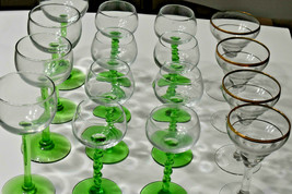 Queen Elizabeth 2 Cruise Ship Wine Glasses 8 Green Twisted Stems 1967 - $166.25