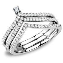 3PCs Pave Round CZ V Shaped Stainless Steel Engagement Bridal Ring Set Sz 5-8 - £64.22 GBP