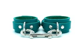 BDSM Teal Green Leather Candice Handcuffs &amp; Silver Hardware, Fetish Wris... - £55.82 GBP